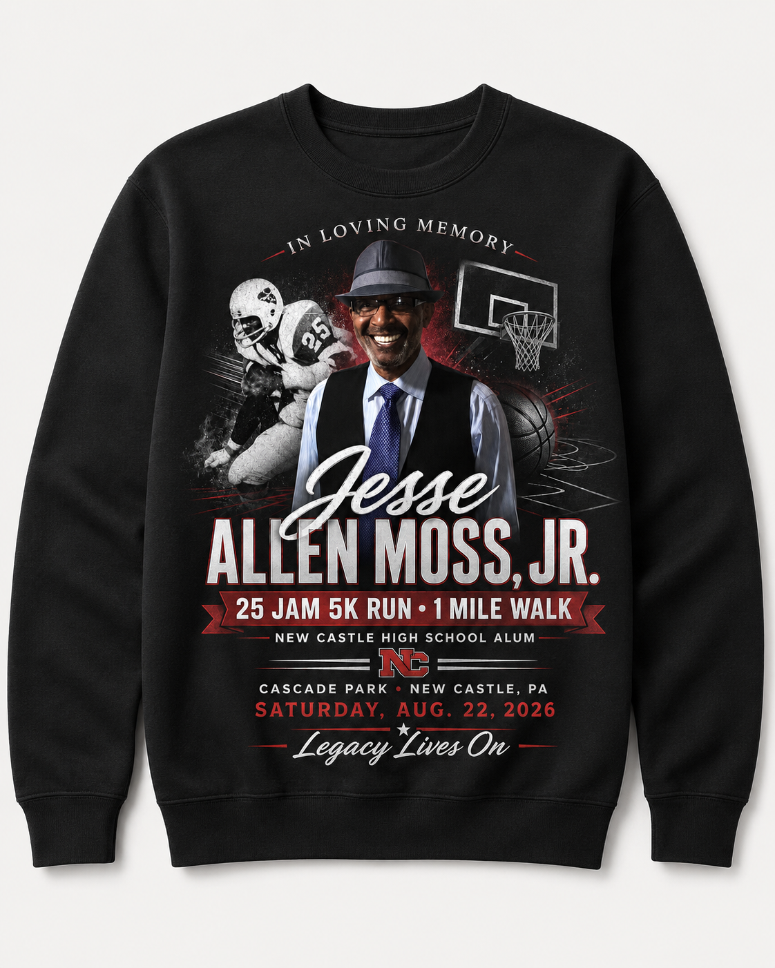 JM25 5K memorial black crewneck sweatshirt mockup