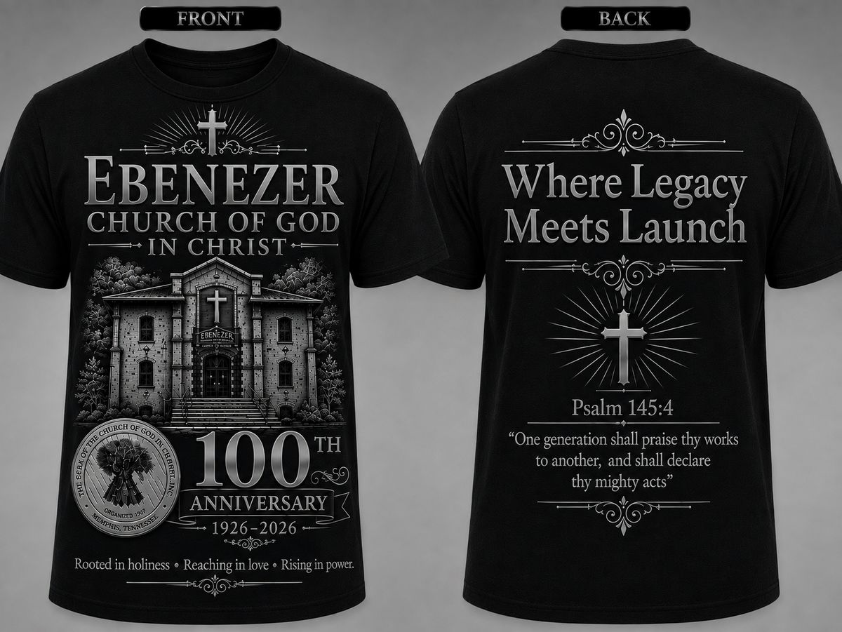 Ebenezer Church of God in Christ 100th Anniversary 1926-2026 black and silver shirt front and back
