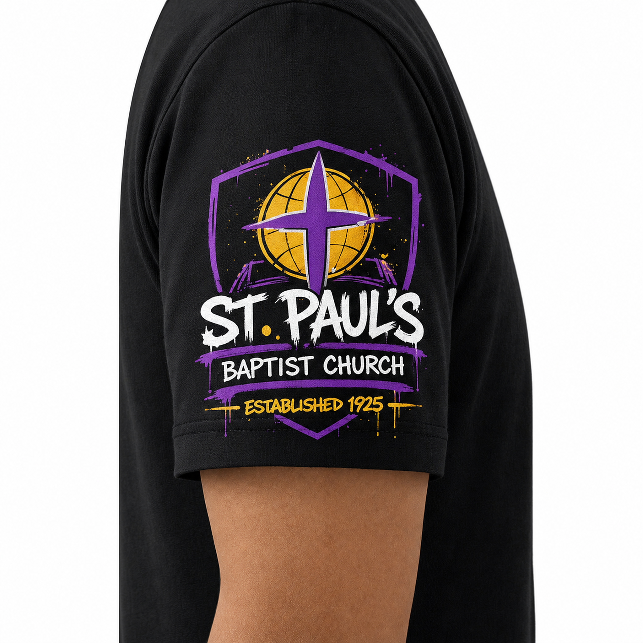 Sleeve print detail of the St. Paul's Baptist Church logo